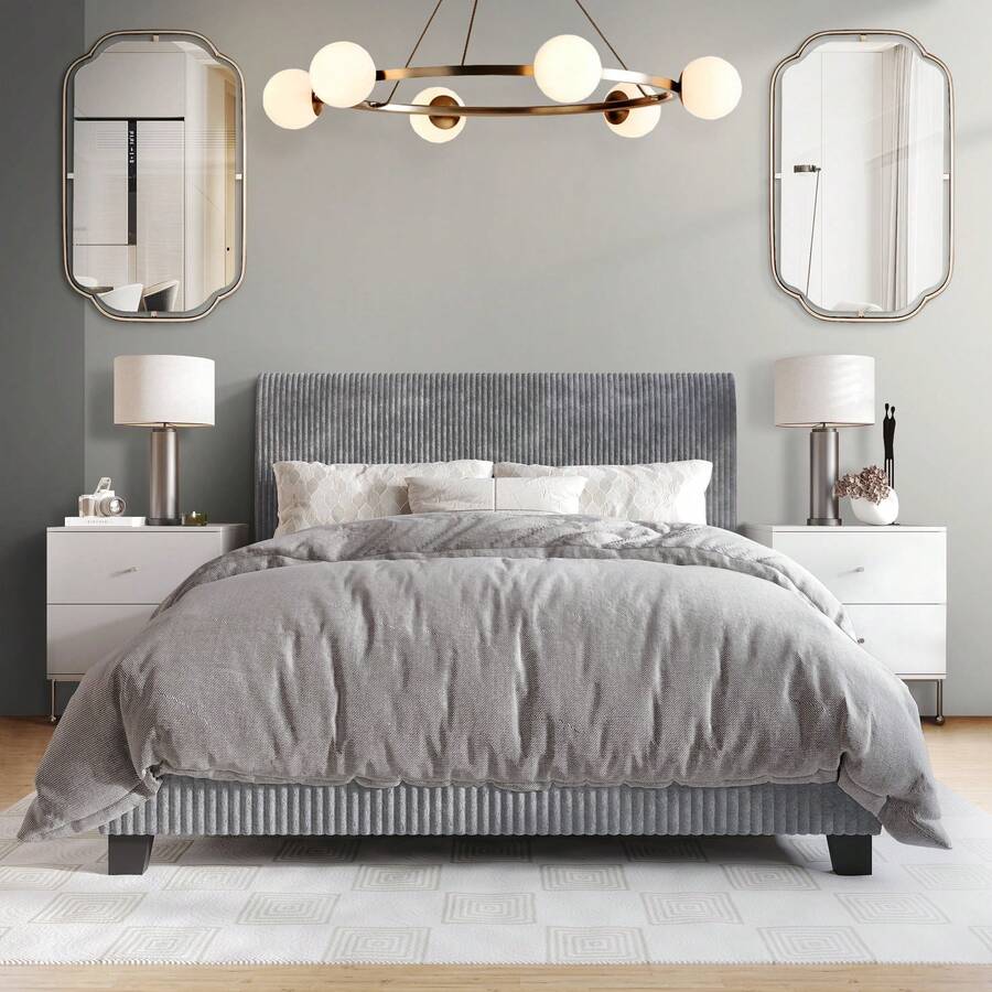 Chic Corduroy Velvet Upholstered Queen Bed, Grey