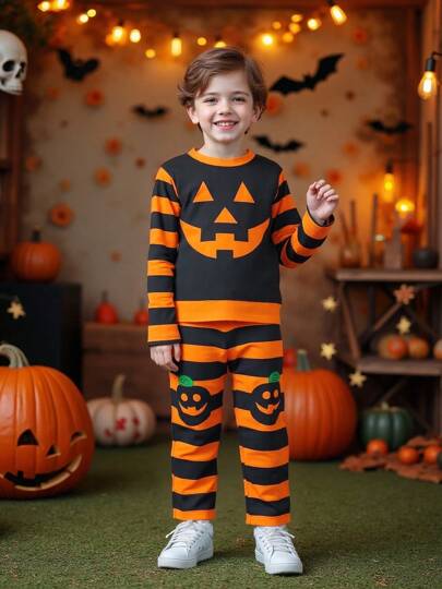 2pcs/Set Young Boy Stylish Casual Outdoor Gift Party Soft Comfortable Halloween Orange & Black Striped Pumpkin Devil Graphic Long Sleeve Top And Straight Leg Pants Suit, Autumn