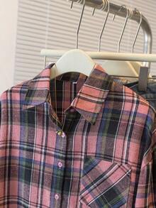 YUXIN 复古美式格子长袖衬衫女春秋装别致宽松设计小众风格 - 紅色和黑色 - 查看 5