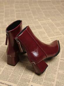 Nuevas botas negras elegantes y minimalistas para mujer, otoño 2025, de tacón bajo grueso y puntera puntiaguda, botas de tobillo versátiles y de moda para otoño/invierno - Burdeos - Ver 5