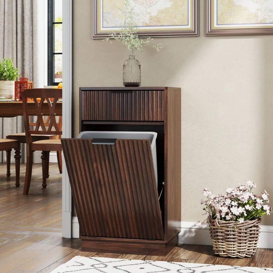 Tilt Out Trash Cabinet/Free Standing 10 Gallon Recycling Trash Can Cabinet / With Wave-Textured Hideaway Drawer&Pull-Out Bin/With Negative Ion And Deodorizing Function/ For Kitchen, Living Room - Quả óc chó - Xem 1