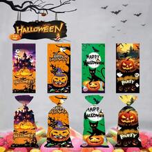 50pcs OPP Transparent Halloween Candy Bags Set, Pumpkin & Witch Halloween Elements Colorful Printed Gift Packaging Bags, Ribbons For Party Favors