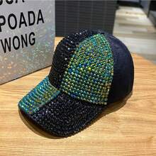 Gorra de béisbol con costuras bicolor y tachuelas de diamantes para mujer con brillantes diamantes de imitación, moderna y versátil para ir de compras, protegerse del sol y protegerse del sol. - Multicolor - Ver 8