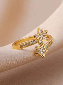 Anéis de aço inoxidável com flor minúscula, zircônia cúbica, banhados a ouro 18K, antidesbotamento, anel ajustável aberto para mulheres, joias douradas estéticas para casamento, acessórios para festa, férias, presentes para mãe/melhores amigas