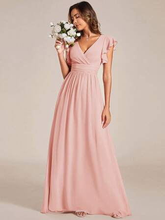 EVERPRETTY Fall Cap Sleeve Ruched Wedding Guest Dress V-Neck Draped Backless Design Pleated Asymmetrical Skirt Chiffon Pink Bridesmaid Dress Mother Of Bride Dress For Wedding