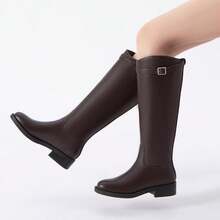 Athlefit Botas Mujer Knee High Riding Boots Round Toe Low Heel Tall Pull On Booties Buckle Detail Comfortable Casual Winter - Brown - View 6