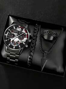 Conjunto de 4 piezas de reloj de cuarzo de moda para hombre - Estilo de negocios con colgante de flecha, pulsera, anillo, reloj de acero inoxidable con pantalla analógica precisa, cómodo, adecuado para uso casual y deportivo - Regalo ideal para él