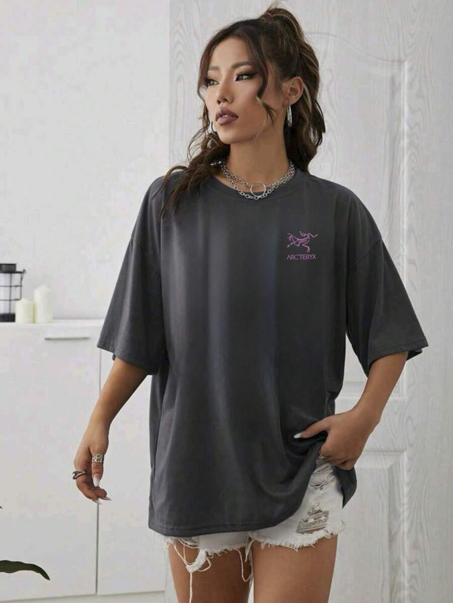ARKTERYX Women's Oversized Casual Drop Shoulder 100% Cotton Graphic T-Shirt - Màu xám đen - Xem 1