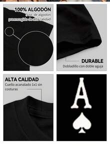Camiseta hombre negra verano moda estampado "As de picas" gráfico de póker casual cuello redondo manga corta 220g algodón puro pesado gruesa y cómoda - Negro - Ver 4