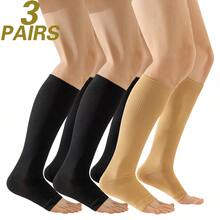 3 Pairs Women Compression Open Toe Socks, Nurse/Doctor Long Sock, Skin Color & Khaki, Simple Leg Socks - Multicolor - View 2