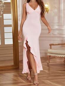 WOWDARK 夏季纯色连衣裙，时尚性感V领荷叶边开衩派对连衣裙，优雅女士长裙，适合情人节、约会、聚会、派对、旅行、度假、海滩等场合。 - 粉色 - 查看 3