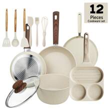 ABKOK 1pc/3pcs/12pcs Nonstick Cookware Set With Wooden Handles - Includes Frying Pan, Stockpot, Breakfast/Crepe Pans & Silicone Utensils (Hangable Design, Universal Stove Friendly & Effortless Cleaning)