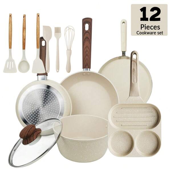 ABKOK 1 pieza/3 piezas/12 piezas Juego de utensilios de cocina antiadherentes con mangos de madera - Incluye sartén, olla, sartenes para desayuno/crepes y utensilios de silicona (diseño colgable, compatible con todo tipo de cocinas y fácil de limpiar)