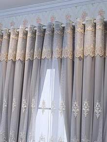 1 件奢华双层刺绣遮光窗帘，带 3D 浮雕花朵薄纱面料，现成，适用于客厅和卧室、窗户 - 灰色 - 查看 5