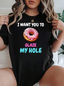 Women's T-Shirt Casual Round Neck Black White Options Donut Glaze My Hole Print Funny Graphic Tee Summer Daily Wear Shirts Summer Tops Graphic Tees Summer Outfits For Women Graphic Tees Women Crop Tops Tops For Women  Vintage Cotton Cute  Clothes Women - Black - View 1