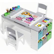 4-In-1 Kids Table And Chair Set With Removable Tabletop Storage And Paper Roll Dispenser, Toddler Craft Table With 6storage Boxes,For Drawing, Child Activity Table, Kids Table Set Painting ,Children's Day Gifts - 灰色 - 查看 2
