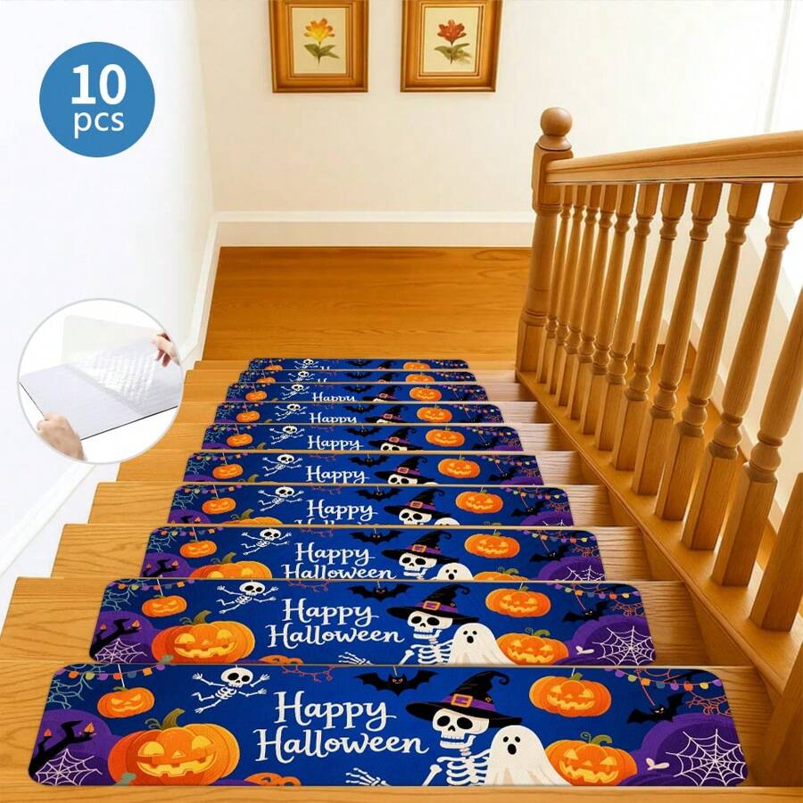 柔软楼梯踏板非地毯垫 30 英寸 X 7.8 英寸室内楼梯踏板适用于木质台阶，儿童和狗的楼梯地毯，100% 聚酯纤维 TPE 背衬 10 件，万圣节，方形