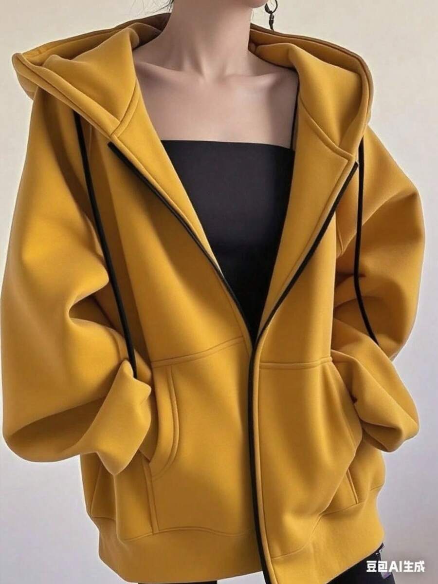 Women's Hooded Sweatshirt With Zipper Closure - Yellow - View 1