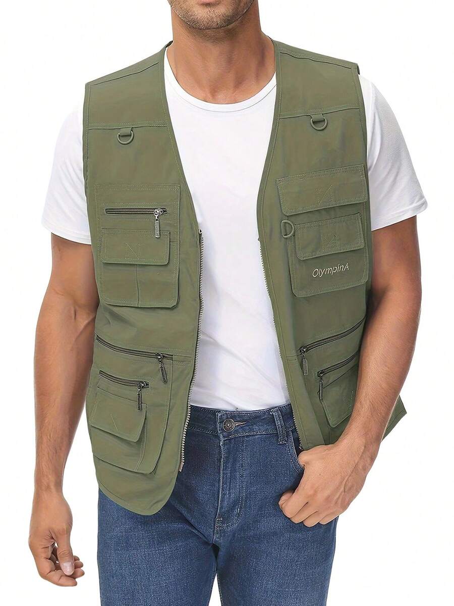 Men's Fishing Vest Utility Travel Vest With Pockets Outdoor Work Photo Cargo Fly Summer Vest - xanh quân đội - Xem 1