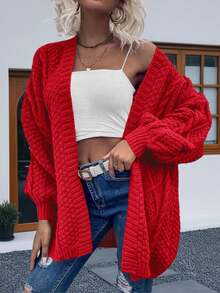Womens Oversized Open Front Cardigan Sweaters Cable Knit Lantern Sleeve Chunky Knit Coats - Đỏ - Xem 2