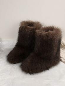 可爱小众原宿风格毛茸茸靴子，温暖高筒靴，女士中筒冬季雪地靴 - 棕色 - 查看 5