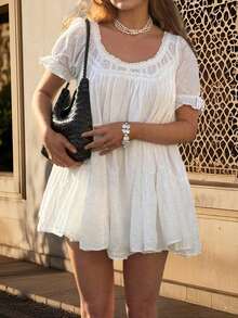 Baby Doll Mini Dress For Women Summer Solid Color Loose Bubble Short Sleeve Scoop Neck Dress - trắng - Xem 5
