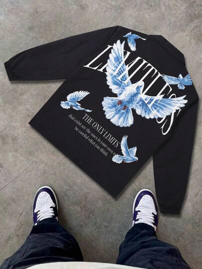 Printed Men's Jacket, Casual Turndown Collar Positioning Print Fashion Zipper Long Sleeve Black Outerwear, Spring/Autumn Lightweight