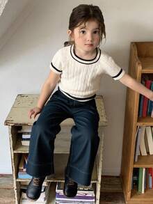 DAZY Young Girl Elastic Waist Pocket Wide Leg Loose Casual Jeans - Blue - View 2