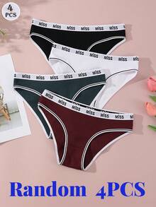 4 件经典三角裤，“MISS”和“Heart”，白色腰带，时尚设计，全天舒适穿着，无压力内衣