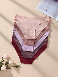 5条装女士纯棉低腰性感罗纹无缝三角内裤，休闲舒适简约弹力透气内裤