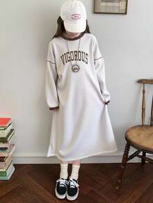 DAZY Vestido recto con cuello redondo y forro térmico para niña preadolescente en temporada de otoño - Gris - Ver 4