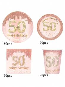 10 件女士 50 岁生日装饰玫瑰金 50 岁纸盘杯子餐巾餐具玫瑰金装饰品女士母亲 50 岁生日派对用品 - 彩色 - 查看 9