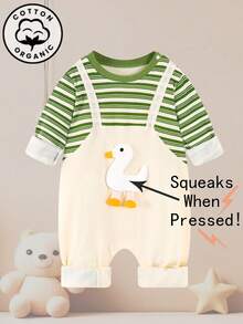 1 pieza Pelele de bebé recién nacido con estampado de ganso a rayas y sonajero, body de manga larga 100% algodón, apto para niños y niñas, primavera/otoño
