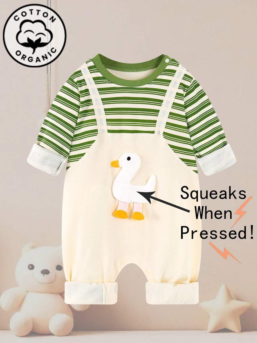 1 pieza Pelele de bebé recién nacido con estampado de ganso a rayas y sonajero, body de manga larga 100% algodón, apto para niños y niñas, primavera/otoño