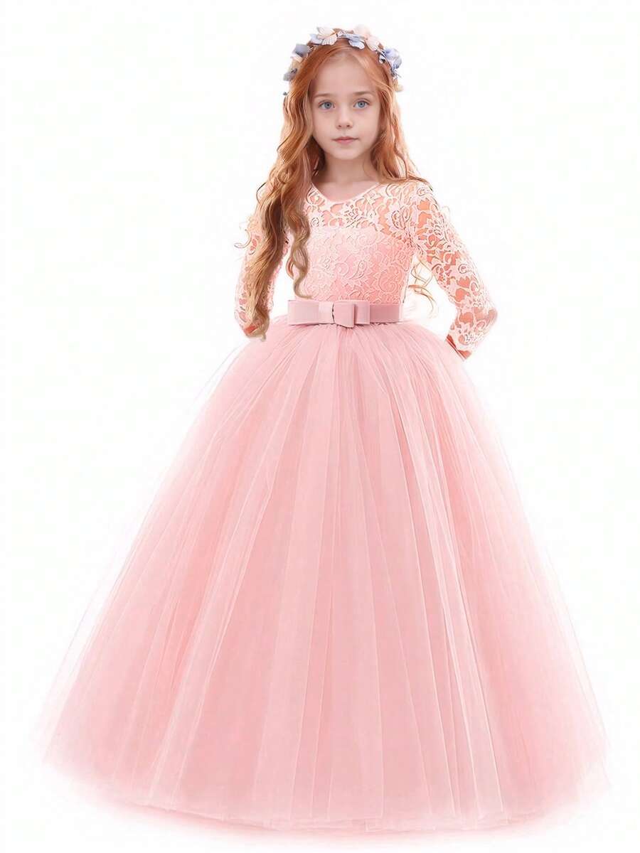 Flower Girls Dress Long Lace Bridesmaid Dress 3/4 Sleeves Floor Length Wedding Party Evening Formal Pegeant Maxi Tulle Ball Gowns - 淺粉色 - 查看 1