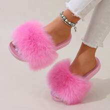 Women's Faux Fur Slides, Open Toe Cute Fur Slippers, Indoor Or Outdoor Comfortable Furry Slide Summer Sandals -Pink - Hồng - Xem 1