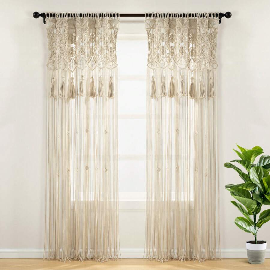 LUSH DECOR Boho Macrame Tassel Cotton Window Curtain/RoomDivider/WeddingBackdrop/WallDecor Neutral Single 40X84 Halloween-Fall Decor-Room Decor - 中性的 - 查看 1