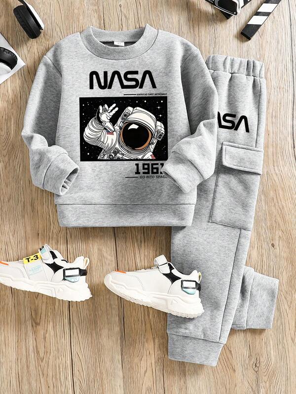 Toddler Cartoon Print Warm Crew Neck Sweatshirt And Pants Set