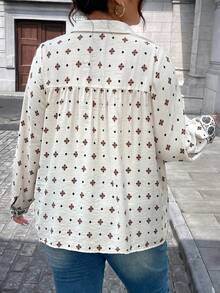 大码前扣印花休闲宽松长袖衬衫 - 杏色 - 查看 3