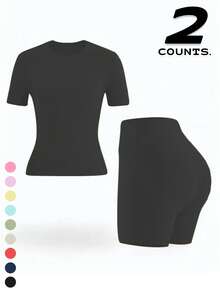 Two Piece Set Of Women's Solid Color Round Neck T-Shirt+High Waisted Cycling Shorts Sports Suit, Lapel Short Sleeved T-Shirt+Tight Shorts, Gym Clothing, Women's Sportswear, Indoor And Outdoor Casual Sportswear, Fitness Clothing, Workspace Clothing, Sportswear - màu đen - Xem 1