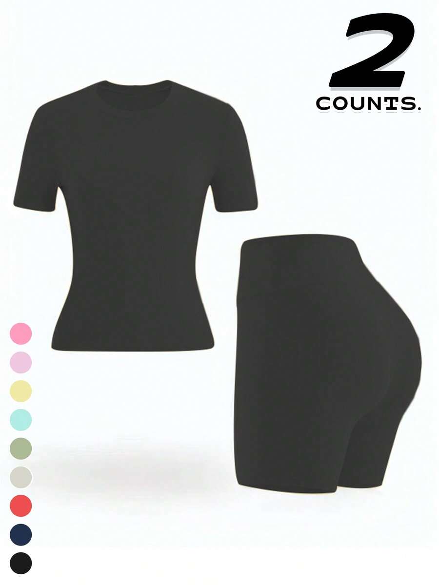 Two Piece Set Of Women's Solid Color Round Neck T-Shirt+High Waisted Cycling Shorts Sports Suit, Lapel Short Sleeved T-Shirt+Tight Shorts, Gym Clothing, Women's Sportswear, Indoor And Outdoor Casual Sportswear, Fitness Clothing, Workspace Clothing, Sportswear - màu đen - Xem 1
