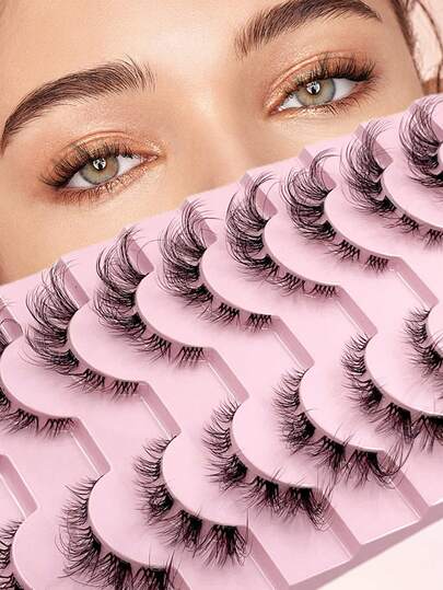 ENCHUW 10对透明仿貂毛假睫毛，浓密自然纤长蓬松柔软，可重复使用，化妆假睫毛