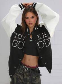 女士闪亮水钻街头车元素图案宽松休闲连帽卫衣套装适合日常穿着舒适 - 黑色 - 查看 4