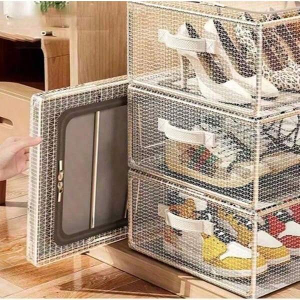 1/2 pièces Boîte de rangement pour chaussures rectangulaire, fabriquée en matériau PVC transparent, non imperméable, de stockage multifonctionnel, soutenue par un cadre en acier, avec deux fenêtres amovibles, convient aux baskets et talons hauts, rangement sous le lit, boîte de rangement pour chaussures pliable anti-oxydation et anti-poussière pour le véhicule