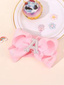 1 pièce Bandeau à nœud large de couleur unie élégante de la lettre A à Z, convient aux filles et aux bébés, serre-tête nœud perle doux, accessoire cheveux en satin, décoration de cheveux à la mode - Rose bonbon - Voir 5