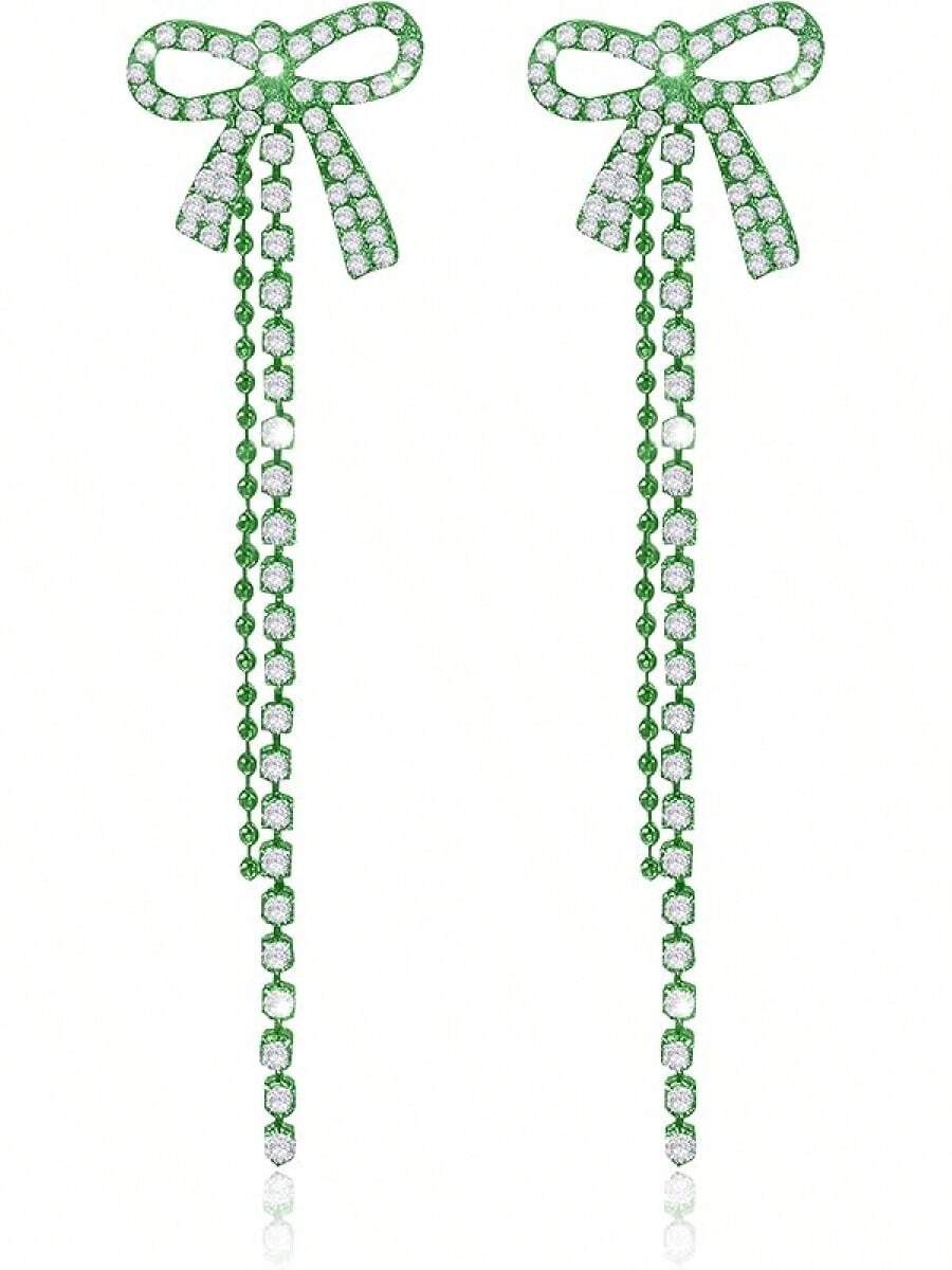 Bow Earrings For Women Sparkly Rhinestone Chain Tassel Earrings Cute Ribbon Stud Earring Daily Party Jewerly Gifts Christmas Stocking Stuffers - B4:green Bow Earrings - View 1