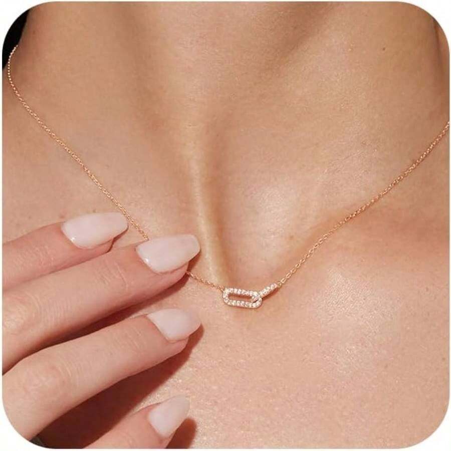 Gold Pendant Necklace For Women, Dainty Diamond Necklaces For Women Simple 14K Gold Plated Paperclip Choker Necklaces Cute Minimalist Open Oval Necklaces Gold Jewelry For Women Gifts - 玫瑰金+CZ迴紋針-玫瑰金 - 查看 1