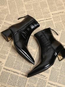 2025秋季新款优雅简约女士黑色短靴，粗跟低跟尖头鞋，踝靴，秋冬季百搭时尚短靴 - 黑色 - 查看 4