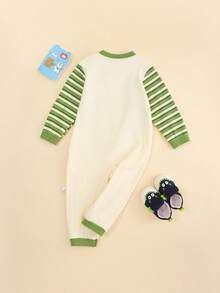 1 pieza Pelele de bebé recién nacido con estampado de ganso a rayas y sonajero, body de manga larga 100% algodón, apto para niños y niñas, primavera/otoño