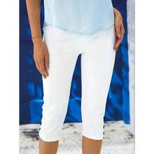 Women'S High-Waisted Capri Leggings - Stretchy, Button-Up, Solid Color, Comfortable & Breathable For Beach Or Casual Wear, Everyday Comfort Wear|Button Detail Design|Breathable Fabri - 白色 - 查看 2